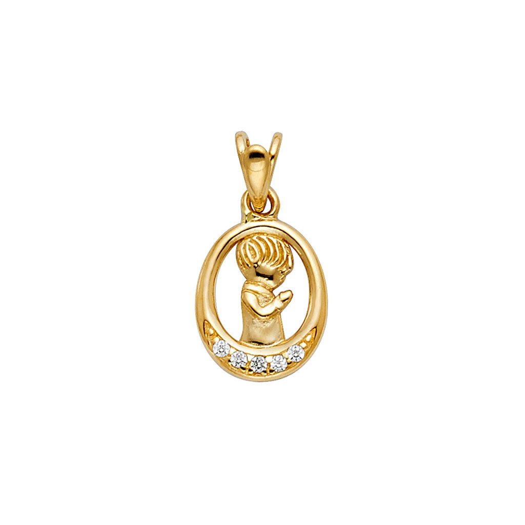 14k Yellow Gold Cubic Zirconia Boy Prayer Religious Pendant